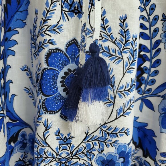 A Loves A Women's Floral Blu/White V-Neck Tassel Peasant Dress Size Large - Picture 5 of 15